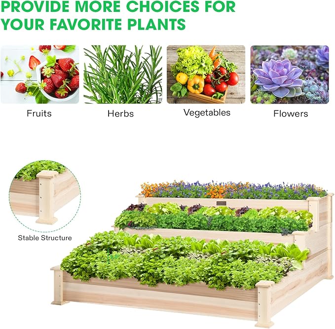 VIVOSUN 3-Tier Wooden Raised Garden Bed, 48 x 48 x 21 Inches, Outdoor Wood Planter Kit for Plants, Herbs, and Vegetables for Garden, Patio, Balcony, Backyard and Outdoors