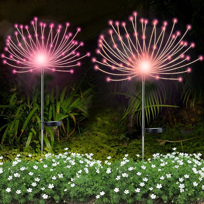 YOTOZU 2 PCS Solar Firework Light, Outdoor Solar Garden Decorative Lights 120 LED Powered 40 Copper Wires String DIY Landscape Light for Walkway Pathway Backyard Decoration Parties Perfect Gifts(Pink)