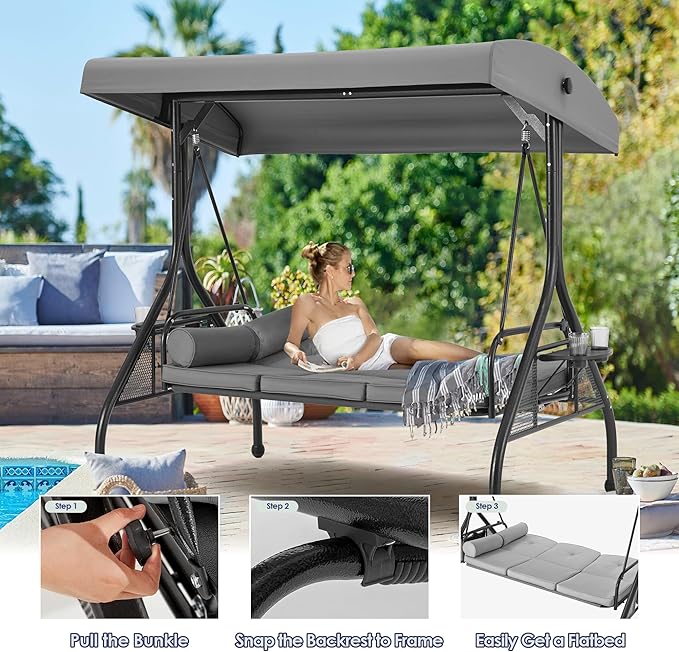HOMREST 3 Seat Outdoor Porch Swing with 1.5" Deep Cup Holder, Adjustable Canopy,Patio Swing Bed with Stand, Patio Glider Swing with Thicken Cushions, Pillow（Grey）