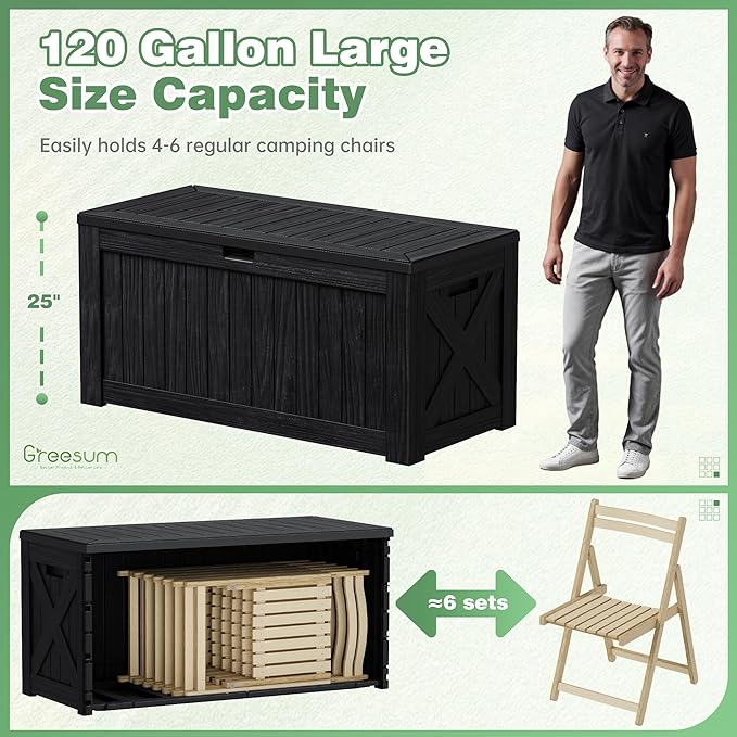 Greesum Outdoor Storage Box 120 Gallon Storage Bin with Lid for Patio Furniture, Garden Tools, Pool Supplies, Lockable, Waterproof and UV Resistant, Black