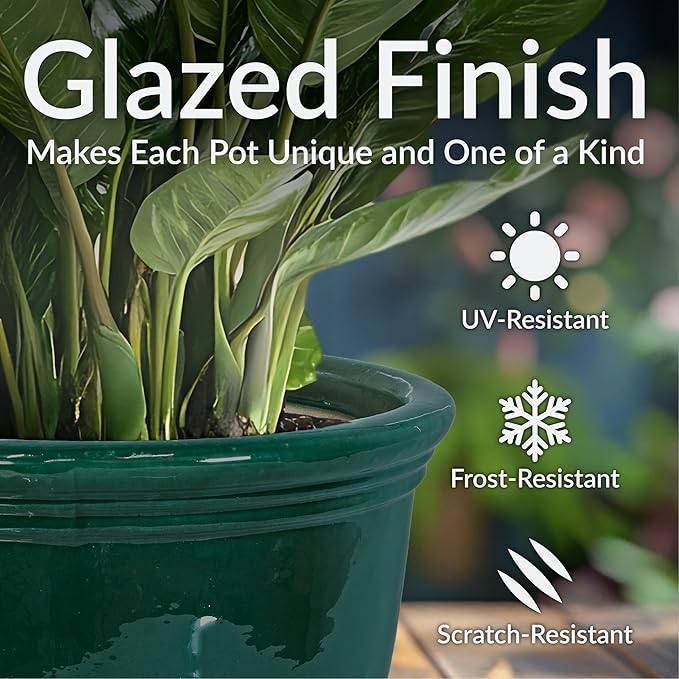 Sunnydaze Large Ceramic Plant Pot - Round Outdoor Glazed Ceramic Planter Pot with Drainage - Studio - Dark Green - 18.5"