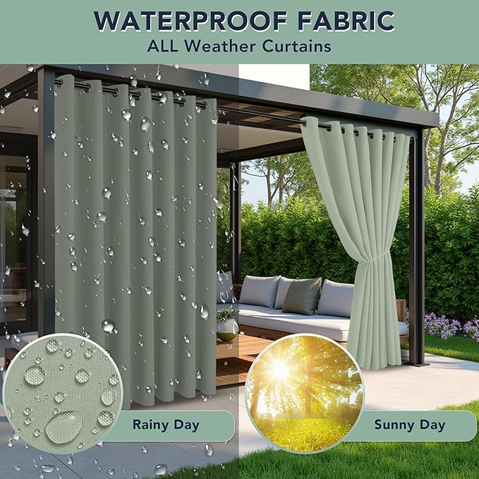 Patio Curtains Outdoor Waterproof - 6 Panels Privacy Weatherproof Outside Curtains with Grommets for Pergola, Gazebo, Porch, Cabana, Balcony, 54 x 95 Inch, Sage Green