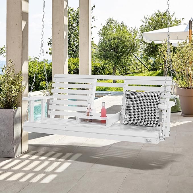 VEVOR Wooden Porch Swing 5 ft, Patio Bench Swing for Courtyard & Garden, Upgraded 880 lbs Strong Load Capacity, Heavy Duty Swing Chair Bench with Hanging Chains for Outdoors, White
