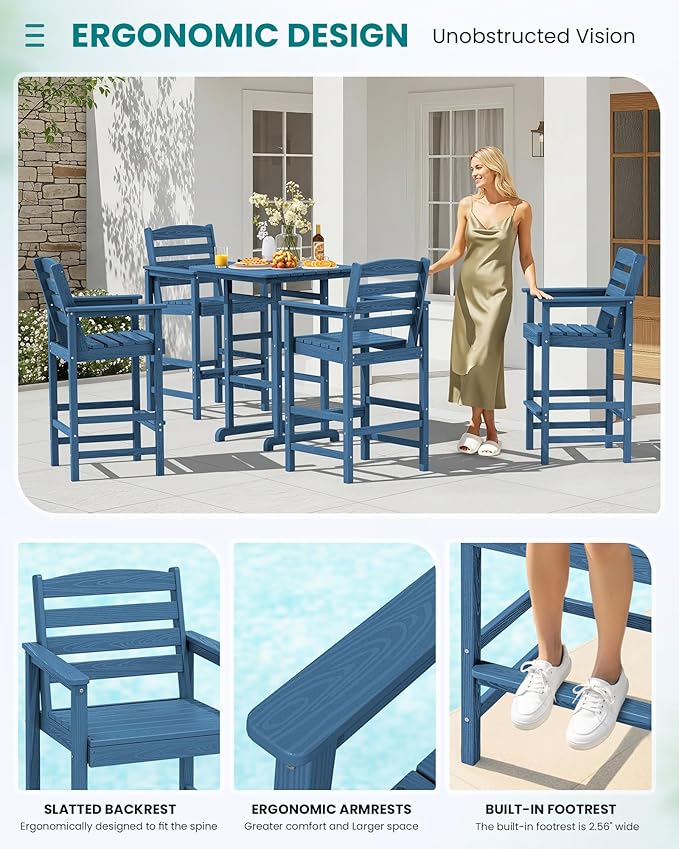 SERWALL 5-Piece Adirondack Bar Chair Set, HDPE Adirondack Barstools with Pub Table, Outdoor Patio Bar Furniture for Bistro, Balcony, Poolside, Garden - Blue
