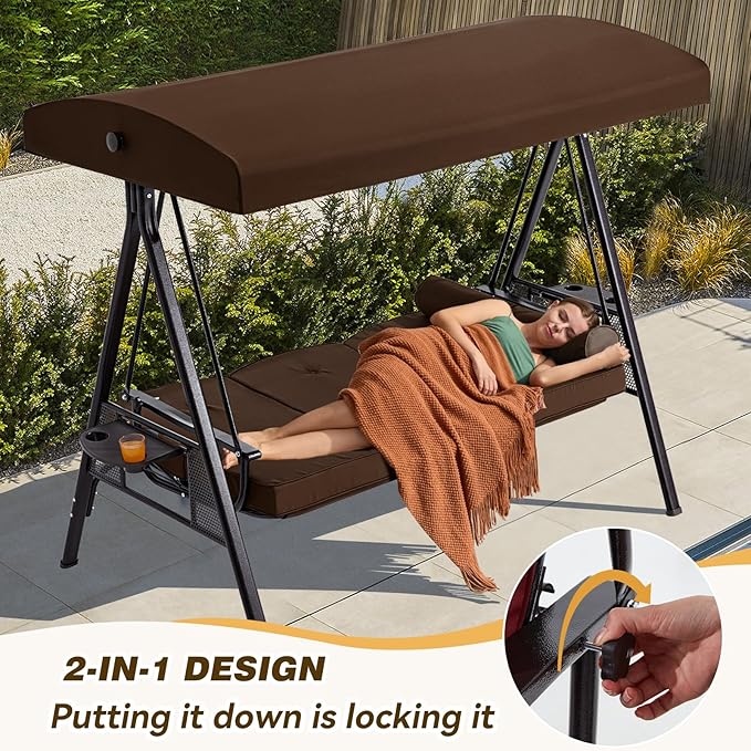 3 in 1 Outdoor Porch Swing with Canopy, 3 Seat Outdoor Swing for Adults, Patio Swing Chair with Thickened Cushions,Pillows & Cup Holders for Backyard, Porch, Garden (Brown)
