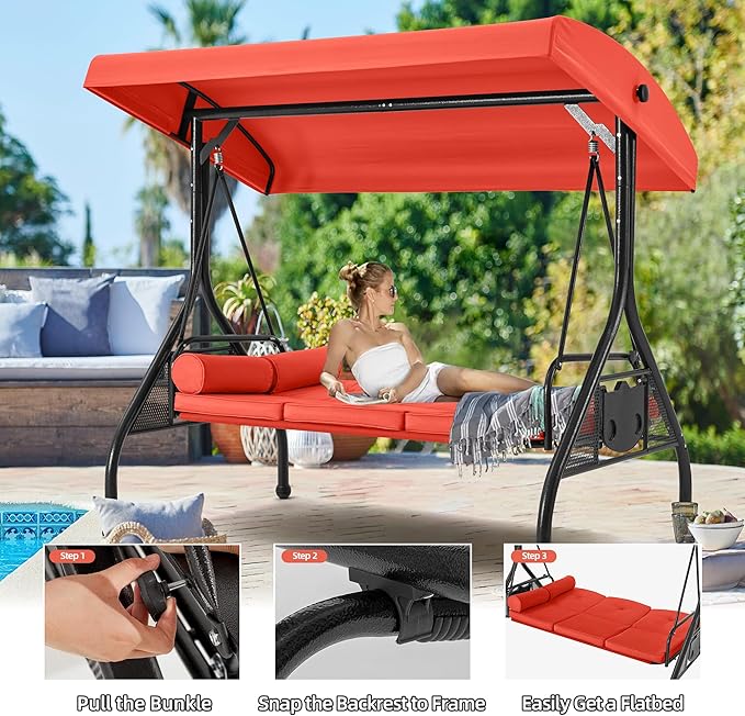 HOMREST 3 Seat Outdoor Porch Swing with Adjustable Canopy, Convertible Patio Swing Bed with Stand, Patio Glider Swing with Upgraded Cup Holder, Thicken Cushions ＆ Pillow for Backyard(Orange)