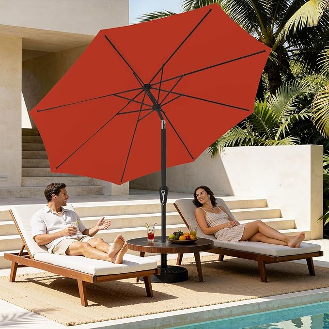MEWAY 9ft Patio Umbrella Outdoor Table Umbrellas with Push Tilt and Crank, Market Umbrella 8 Sturdy Ribs for Deck, Garden, Pool and Backyard, Red Orange