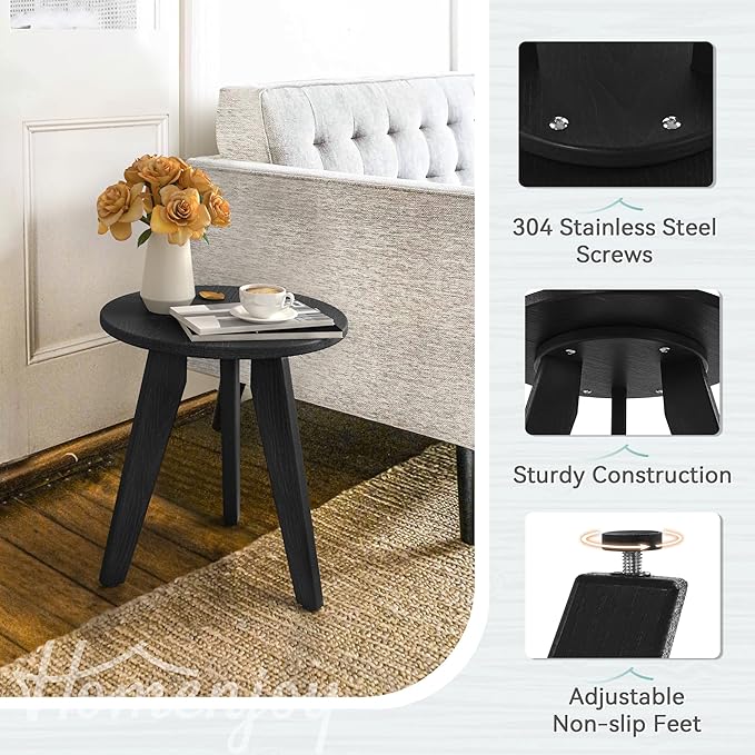 HDPS Outdoor Side Table, Small Round Side Table Weather-Resistant, Outdoor Side Tables for Patio, Porch, Deck, End Table for Plant Stand, Living Room, Bedroom, Black