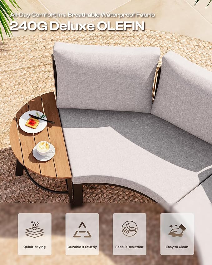 Outdoor Patio Furniture Set, 7 Piece Aluminum Curved Outdoor Sectional Sofas with Modular Coffee Table, PE Rope Patio Conversation Sets, All-Weather Patio Sofa Sets with Cushions, Gray