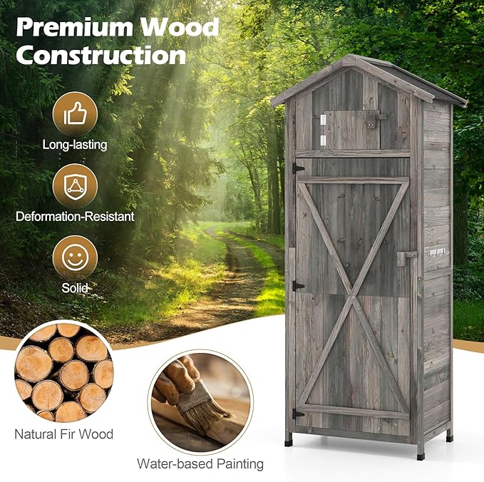 Goplus All-in-One Storage Shed, 70" Tall Wooden Lockable Cabinet w/Foldable Work Table, Vertical Utility Tool Organizer w/Shelves & Hooks, Waterproof Garden Shed for Patio Backyard (Gray)