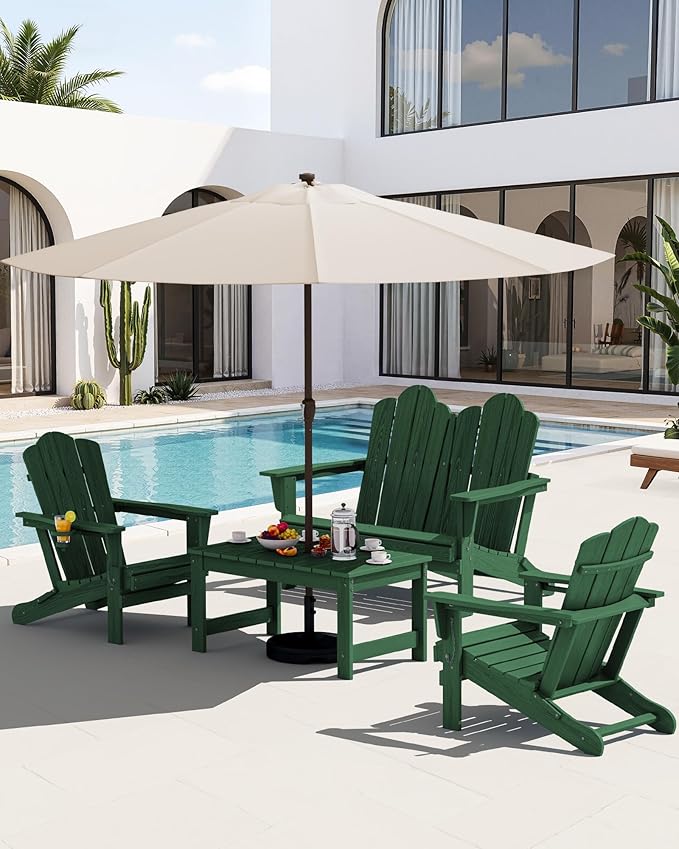 SERWALL Outdoor Coffee Table with 9FT Umbrella, HDPE Patio Coffee Table for Outside, Rectangle, Green(Not Include Umbrella Base)