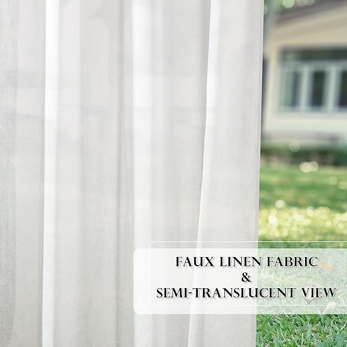 RYB HOME Sheer Curtains for Patio Outdoor, Linen Textured White Panel Grommet Top Waterproof Light Diffused Drapes for Porch Gazebo Deck, 2 Pieces with Tieback Ropes, W52 x L 96 inches