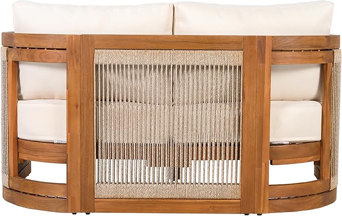 Merax 4-Piece Patio Premium Acacia Wood Outdoor Furniture Set,All Weather Curved Tub Design with Woven Rope Accents Loveseat Chairs and Table for Backyard, Balcony and Deck,Teak+ Beige