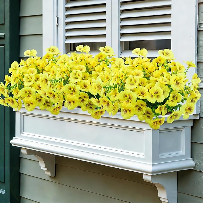 24 Bundles Artificial Pansy Flowers for Outdoor, Faux Silk Pansies Spring Flowers Outside for Planter Front Door Porch Patio Yard Window Box Home Decor (Yellow)