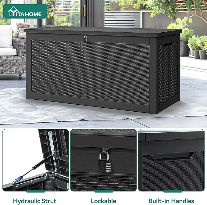 YITAHOME XXL 260 Gal Large Deck Box, Outdoor Resin Storage Box, Rattan Storage Container for Patio Furniture, Garden Tools, Waterproof, Lockable (Black)