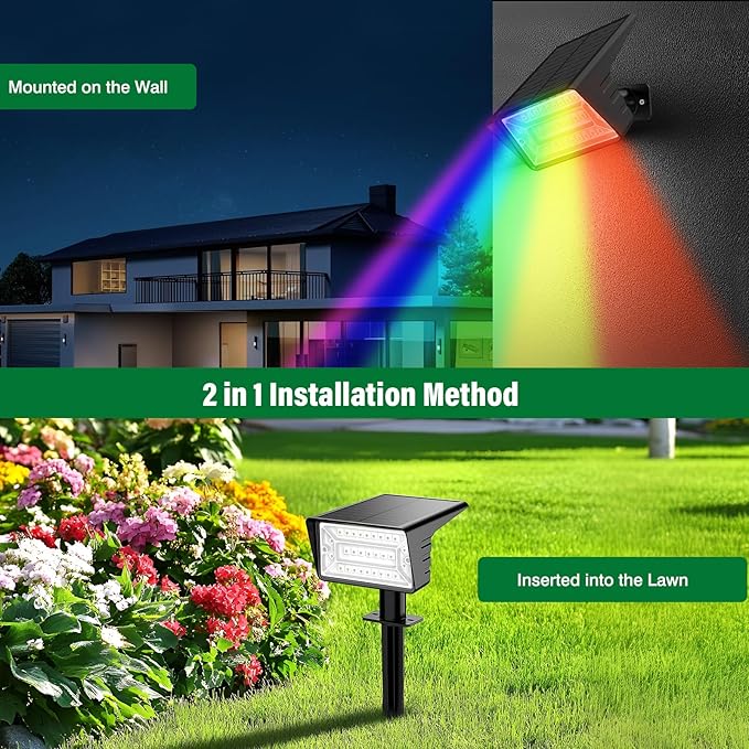 Solar Spot Lights Outdoor with 7 Lighting Modes RGB, 2 Pack Solar Color Changing Lights IP68 with 29 LED & Auto On/Off, Multicolor Outdoor Lights for Outside, Garden, Yard(Multicolor)