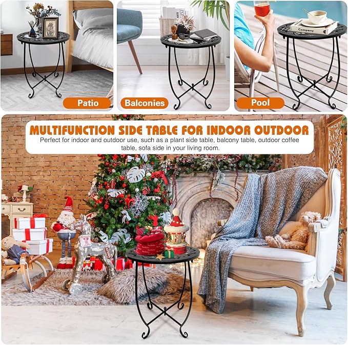 Patio Side Table, Weather Resistant Metal Side Table, Small Round Outdoor End Table Accent Side Table for Patio Yard Porch Balcony Garden Bedside Plant Stand Indoor Outdoor (H 17Inch) (1)