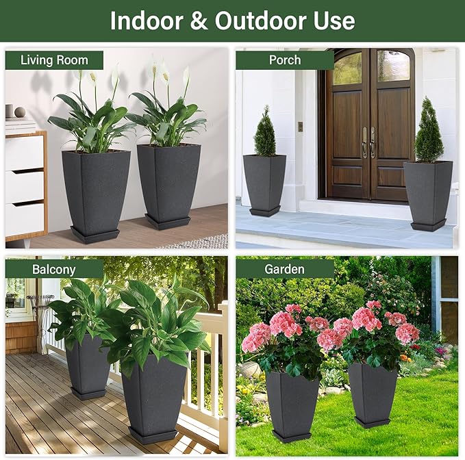 Set of 2 Tall Planter, 21 inch Large Plastic Planter with Drain Hole & Saucers, Large Outdoor Planters for Porch, Garden, Patio, Balcony(Cement Gray)