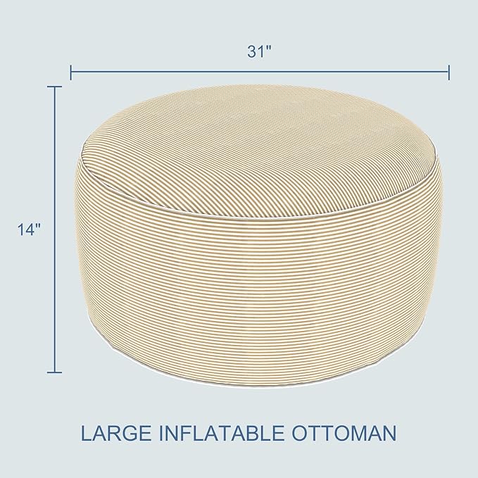 LVTXIII Indoor/Outdoor Extra Large Inflatable Ottoman Pouf D31 x H14 Inch, Round Footstool with Handle, Weather-Resistant Portable Furniture for Patio, Camping, Beach, Stripe Beige