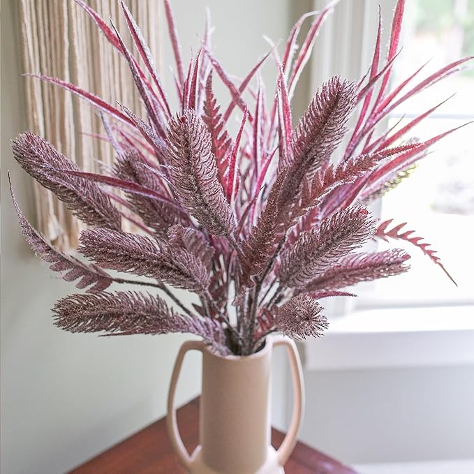 7 PCS Artificial Stems Fake Plants for Spring Summer Decor, 26 in Fake Leaves Greenery Branches Purple Silk Flowers Faux Foliage DIY Stems for Vase Home Kitchen Farmhouse Indoor Table Centerpiece