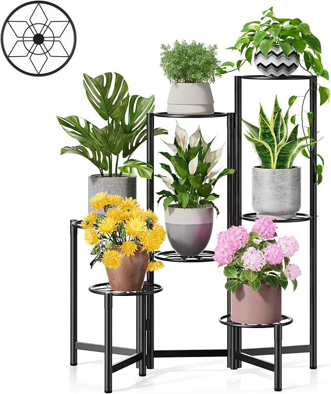 7 Tier Metal Patio Plant Stand Outdoor, Heavy Duty Flower Stands for Indoor Plants, Floding Tall Corner Shelf for Diaplay Racks for Home Decor, Graden, Balcony -BlackDiamond