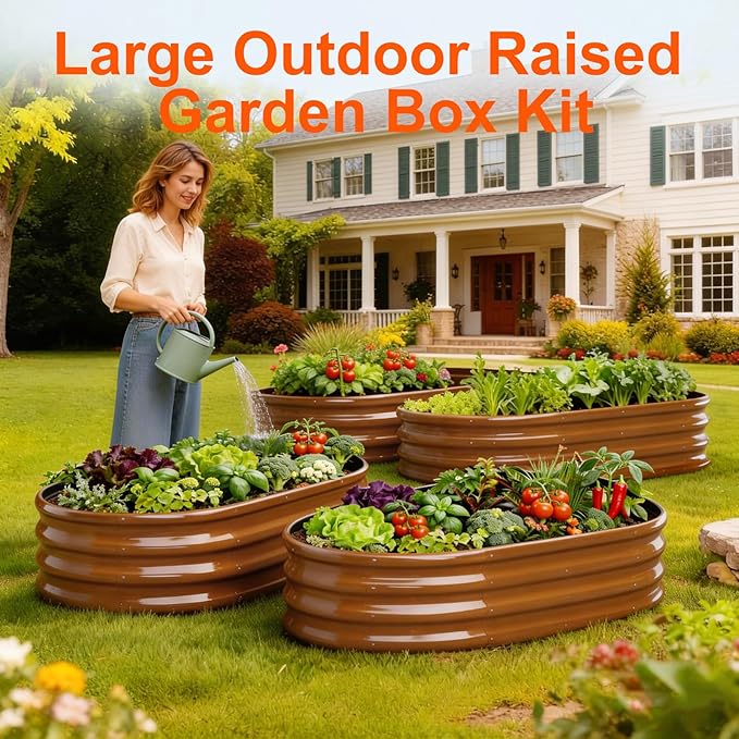 Raised Garden Bed Outdoor 2 Sets Oval Large Coating Metal Planter Box with No Heavy Metal for Vegetables, Flowers, Herbs