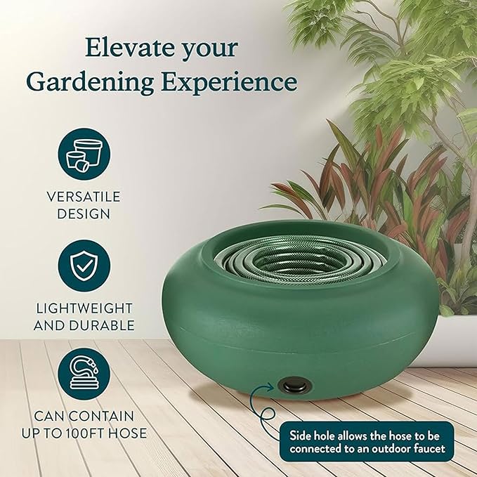 The HC Companies RZ.GH210DF1C001LRDJH 21 Inch Diameter Lightweight Garden Hose Storage Pot for 75-100 Ft Hoses, Pairs w/Terrazzo Series Pots, Green, Grassy Green