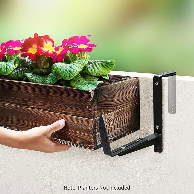 Window Box Brackets, Adjustable Planter Box Brackets, Heavy Duty Iron Flower Box Bracket for Deck Railing with Upgraded Bottom Support - Ideal for Balconies, Fences, and Gardens (2)