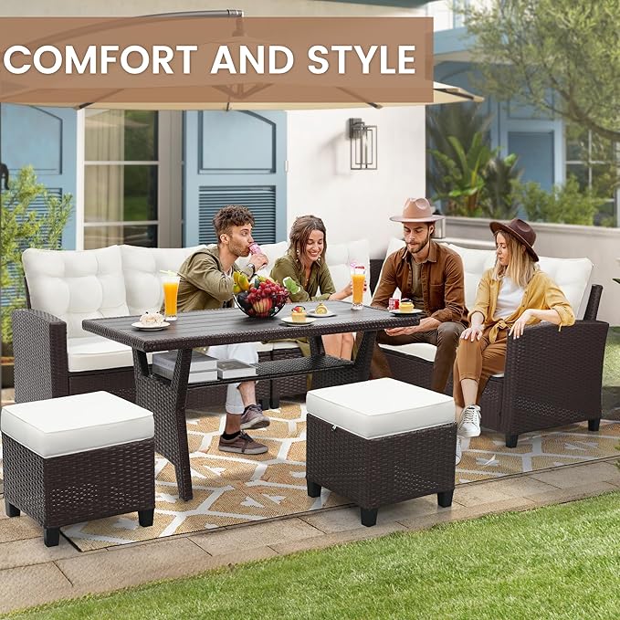 KROFEM6-Piece Patio Furniture Set, Outdoor Sectional Sofa with Dining Table & Chairs, All-Weather Dining Set with Removable Cushion Covers, Ideal for Garden, Porch, Backyard, White