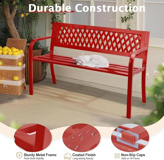 VINGLI 47'' Outdoor Bench, Weather Resistant Garden Patio Bench Powder Coated Iron Frame w/PVC Mesh Backrest Slatted Seat, 2-Person Outdoor Furniture for Front Porch Entryway Park (Red)