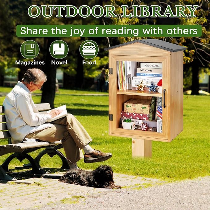 Outdoor Library Outdoor Book Box Storage Wooden Cabinet Little Literature Box for Neighborhoods Community and Schools Sharing Books, Flyers, Newspapers, Food and Art(C)