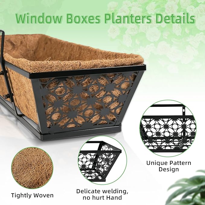 hehimhis 24 Inch 2 Pack Railing Planter Box with Adjustable Bracket,Window Planter Boxes Outdoor for Porch,Balcony Planters Railing Hanging,Fence,Patio Hanging Planters for Garden