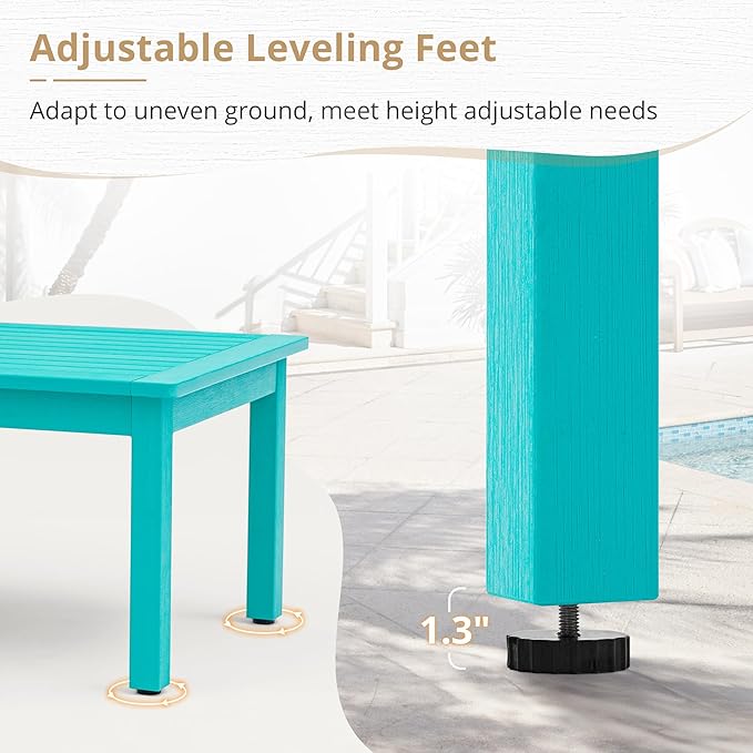 LUE BONA Outdoor Coffee Table, HDPS Patio Coffee Tables for Outside Rectangle, Adjustable Levelling Feet/Weather Resistant, Patio Table for Deck, Pool, Balcony, Indoor or Outdoor Use, Aruba Blue