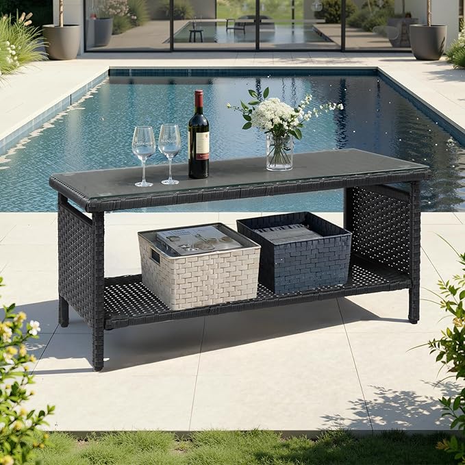 VINGLI Outdoor Wicker CoffeeTable Patio Coffee Tables for Outside, Tempered Glass Top Wicker Table with Storage Coffee Table for Patio Balcony Porch Deck (Black)