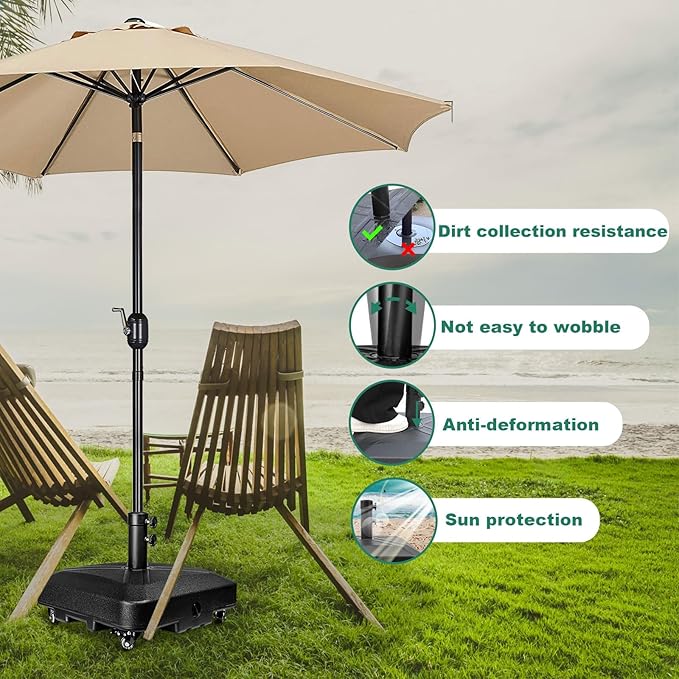 Patio Umbrella Base Heavy Duty with Wheels Square Market Stand for Outdoor 4 Locks 2 Knobs 125lb Capacity, Black