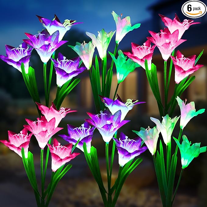 KOOPER Outdoor Solar Lights, 6 Pack Solar Garden Light with Bigger Lily Flowers, Waterproof 7 Color Changing Solar Lights Outdoor - Bigger Panel for Patio Yard Garden Decoration, Gift for Mom