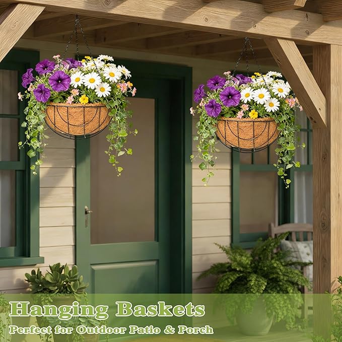 4 Pack 14 Inch Hanging Baskets for Plants Outdoor Metal Hanging Planter Hanging Flower Baskets with Coco Fiber Liners Chain Round Wire Plant Holder Hanging Flower Pots(Flower Border)