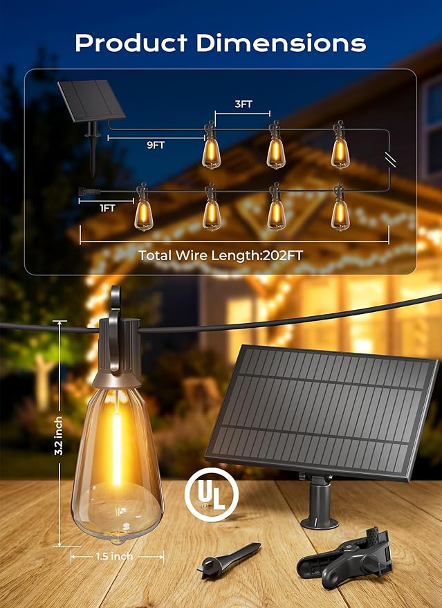 Brightown 202FT Solar String Lights Outdoor Waterproof, Patio Lights with Remote and 65+2 LED Shatterproof Bulbs, Dimmable & Timable, 3 Light Modes, Solar Lights Outdoor for Yard Camping Party Outside