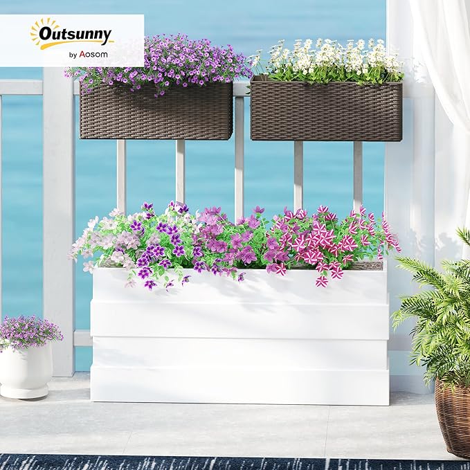 Outsunny Railing Planter Box (2 Pack, 20 Inch), Hanging Flower Pots with Hooks, Drainage Holes for Fence, Balcony, Garden, Patio, Rattan Look, Brown