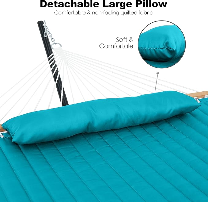 2 Person 12FT Hammocks for Outside, Double Quilted Fabric Outdoor Hammock with Spreader Bar, Large Removable Pillow, Storage Pockets, Carabiners, Max 475 lbs Capacity (Canyon Creek Aqua)