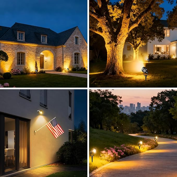 Landscape Spot Lights Outdoor, Dusk to Dawn Outdoor Lighting with IP65 Waterproof, 3000K Warm White Plug in Spotlight for Yard Tree Wall Pathway Flag Pole House, 4 Pack