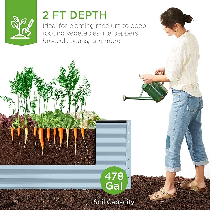 Best Choice Products 8x4x2ft Outdoor Metal Raised Garden Bed, Deep Root Planter Box for Vegetables, Herbs & Flowers, 478-Gallon Capacity, 100% Non Toxic Materials - Mist Blue