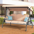 3 Seat Outdoor Porch Patio Swing with Stand 800lbs 2-in-1 Convertible Swing Bed with Adjustable Canopy & Removable Cushion for Yard Garden Deck (Khaki, Round Tube)