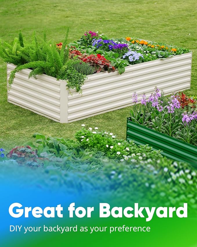 Quictent Galvanized Raised Garden Bed 8x4x2 Ft Tall Metal Planter Box for Vegetables Bottomless for Backyard, 2 Tomato Cages Included, 22.04" Deep, Beige