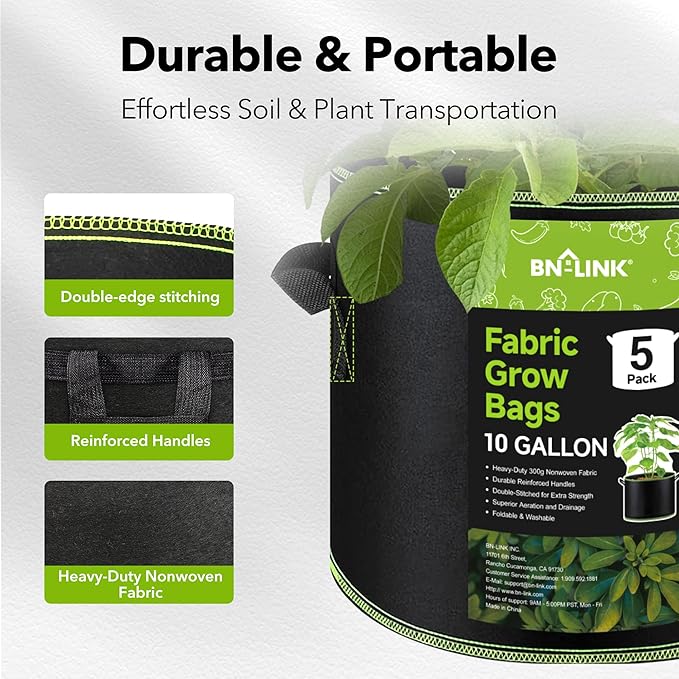 BN-LINK 5-Pack 10 Gallon Grow Bags, Heavy Duty Aeration Fabric Pots with Handles, Thickened Nonwoven Plant Bags for Vegetables, Flowers, Fruits