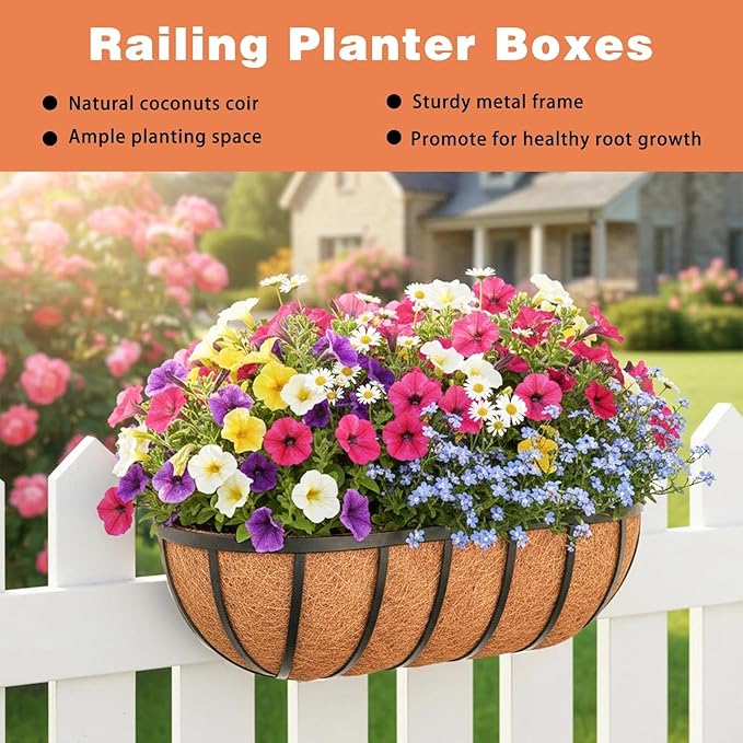4 Pack 16" Railing Planter Window Box with Coco Fiber Liner Horse Trough Planter The Railing Planters Boxes for Deck Porch Fence Outdoor