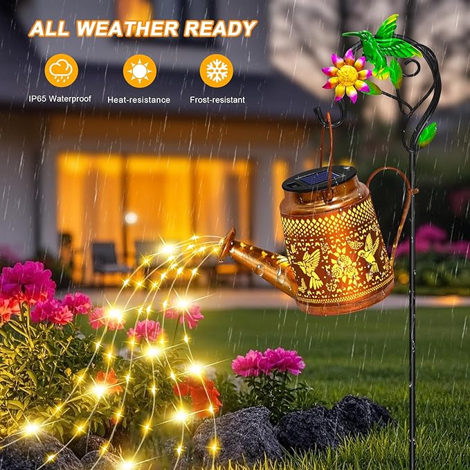 Solar Lights Outdoor Waterproof Garden Decor,Solar Watering Can Lights Hummingbird lanterns,Birthday Gifts for Mom Women,Decorative Outside Metal Hanging Fairy String Light for Yard Art Patio Porch