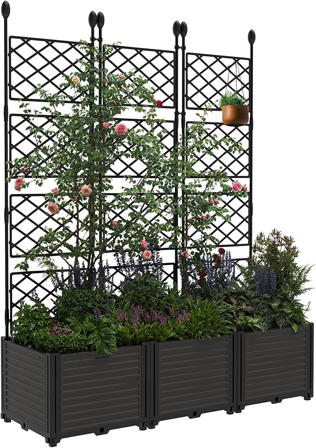 3 PCS Raised Garden Bed with Trellis & Privacy Screen, 50"w x 63"Tall Vertical Garden Planter Box for Climbing Plants - Sturdy Lightweight Outdoor Planter for Vegetables, Flowers on Patio, Balcony