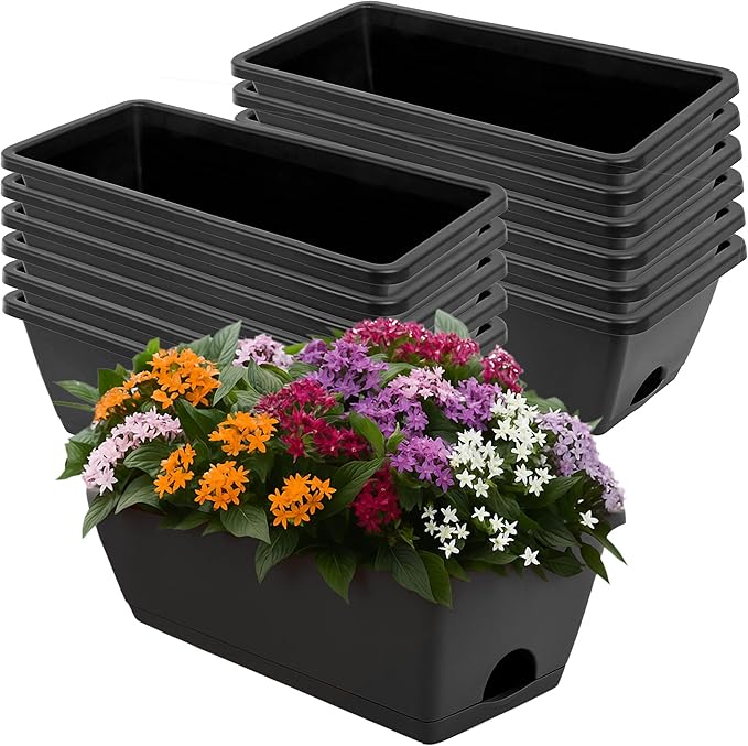 Window Box Planter, 12 Pack Plastic Vegetable Flower Planters Boxes 17 Inches Rectangular Flower Pots with Saucers for Indoor Outdoor Garden, Patio, Home Decor (Brick RED) (Dark Grey)