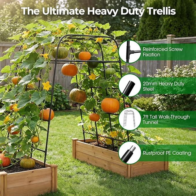 Garden Arch Trellis for Climbing Plants (83" H x 57" L), Metal Cucumber & Tomato Cage, Rustproof Walk-Through Tunnel Support for Pumpkin, Squash, Melon & Rose